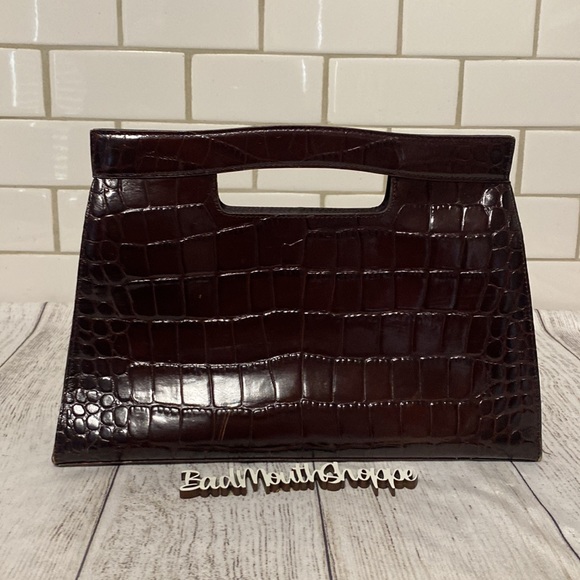 Vintage 90s 00s Y2K Brown Genuine Leather Crocodile Doctor's Bag Style Purse - Picture 5 of 15